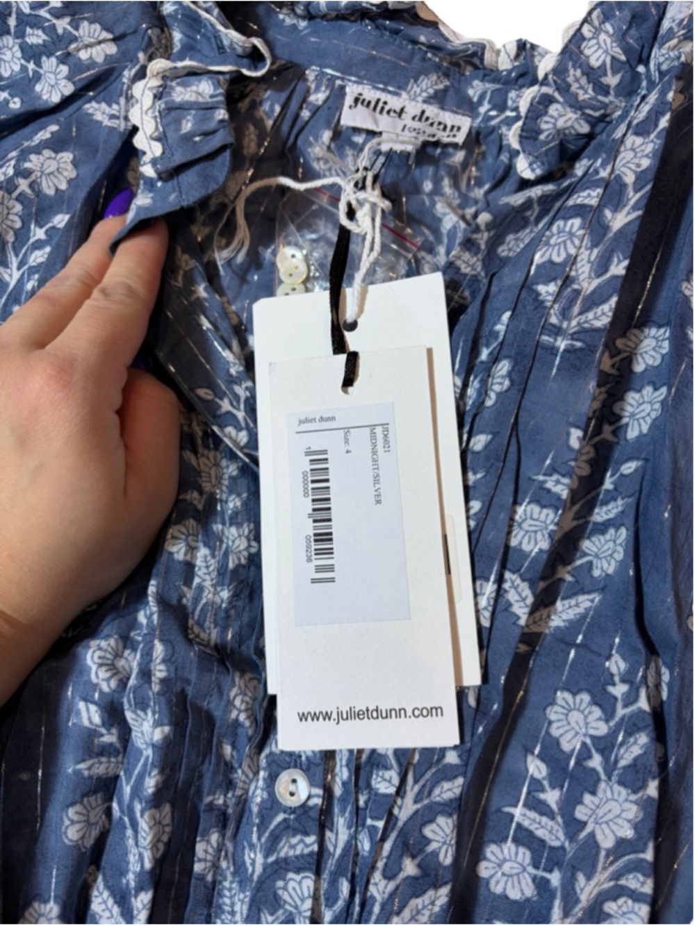 Juliet Dunn Blue Floral Block Print Blouson Dress Metallic Resort Nwt — image 4 of 8